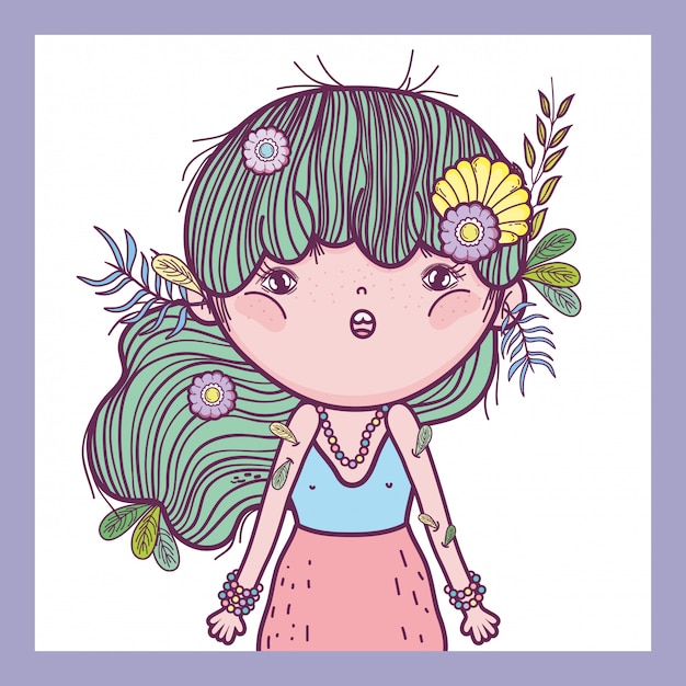 Girl defender of creatures with flowers and leaves