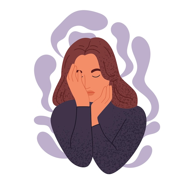 Girl in depression Girl surrounded by symptoms of depression disorder anxiety crisis tears exhaustion loss overworked tired