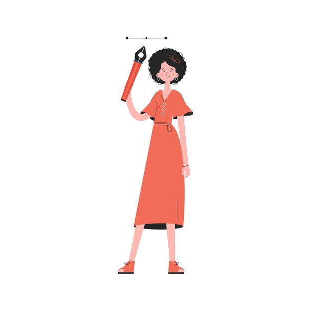 Girl designer stands in full growth holds a pen tool in her hands isolated element for presentations sites