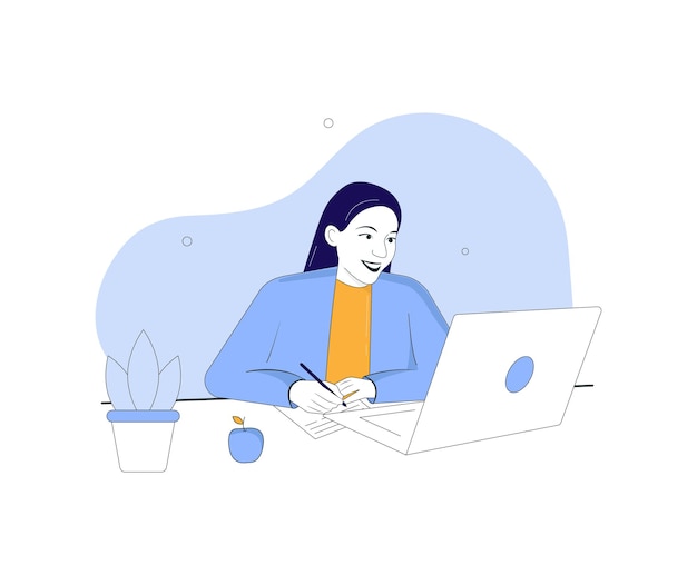 노트북이 있는 바탕 화면의 소녀 온라인 교육 연구 BusinesswomanVector 그림