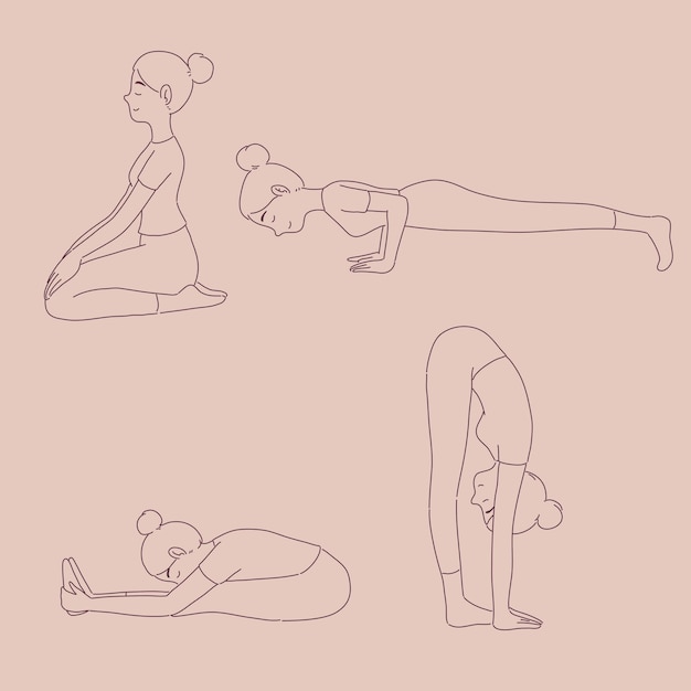 Ragazza in diverse pose yoga in stile linea