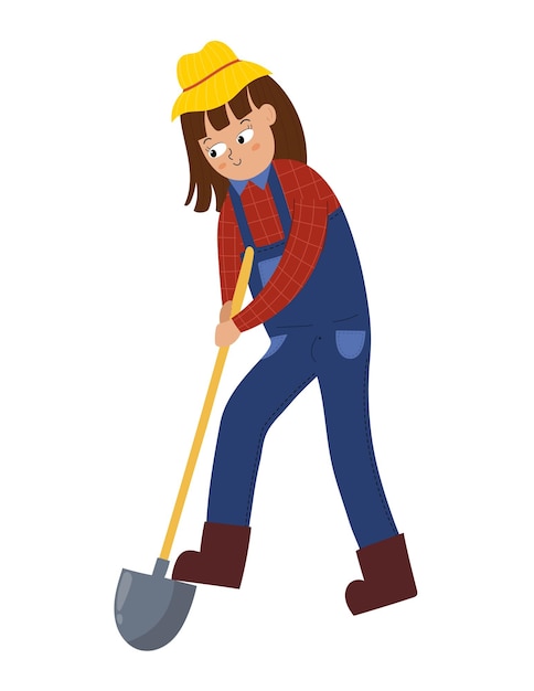 Девушка копает лопатой в мультяшном стиле. милая фермерская девушка изолированный элемент. концепция экологии