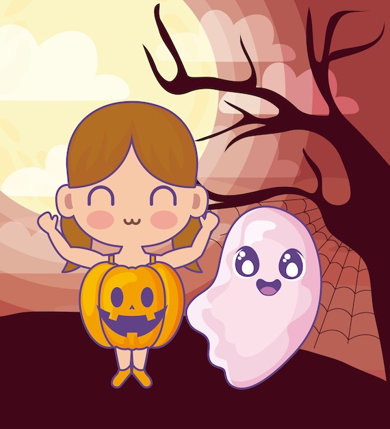 Girl disguised of pumpkin with ghost