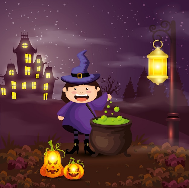 Girl disguised of witch in scene halloween illustration