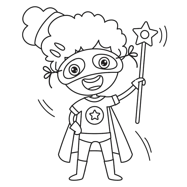 Vector girl disguised with cape and mask, line art drawing for kids coloring page