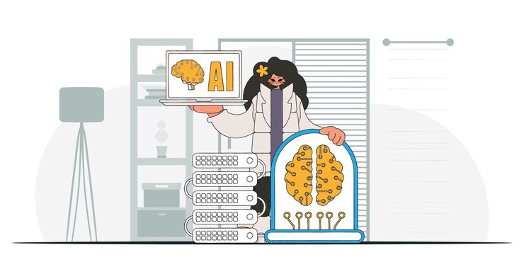 Vector a girl displaying an ai brain in a fashionable vector illustration.