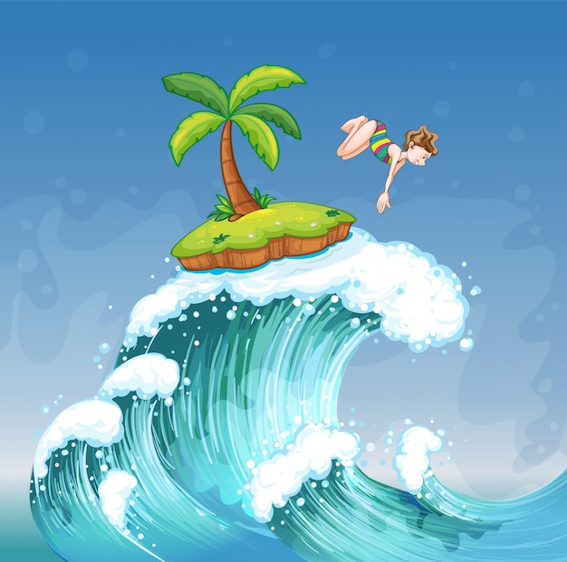 小さな島で海に浮かぶ少女