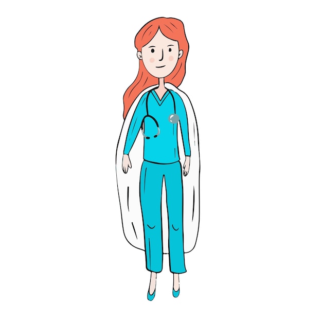 Девушка-врач в синей форме и белом халате на изолированном белом фоне. Мультяшный стиль. Стоковая ветреная иллюстрация.