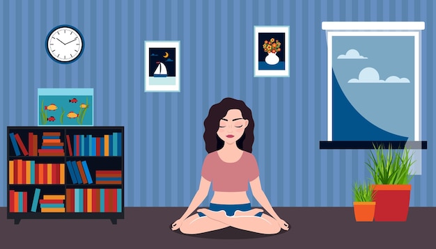 Vector the girl does yoga at home a young woman meditates with her eyes closed the lotus position vector