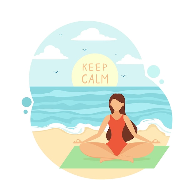 Vector girl does yoga in the lotus position on the beach