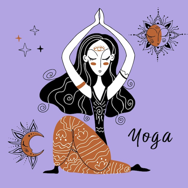 Vettore la ragazza fa yoga meditazione om posizioni yoga namaste vector