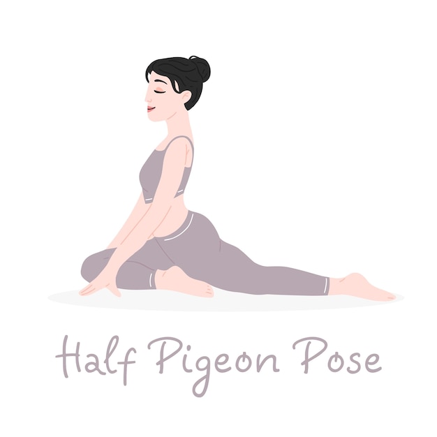 Vector the girl does yoga yoga half pigeon pose the designation of the yoga pose vector flat illustration