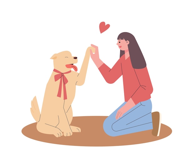 Vettore una ragazza e un cane danno il cinque. illustrazione vettoriale in stile design piatto.