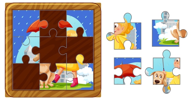 Vector girl and dog photo jigsaw puzzle game template