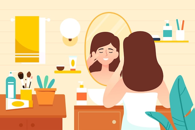 Girl doing daily hair care in bathroom background with various skin care products and furniture