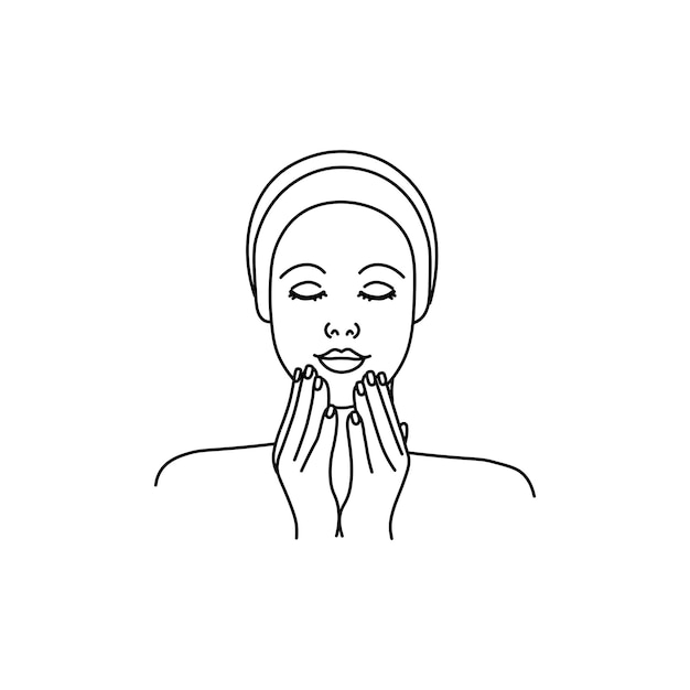 Una ragazza che fa un massaggio facciale o applica una cremalinea ragazza astratta silhouette minimalista