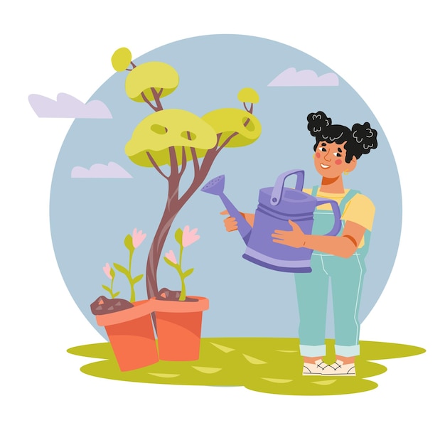 Vector girl doing gardening in summer flat vector illustration isolated on white