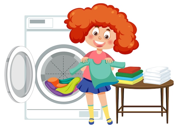 Vector a girl doing laundry with washing machine