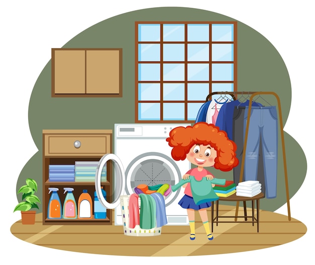 A girl doing laundry with washing machine