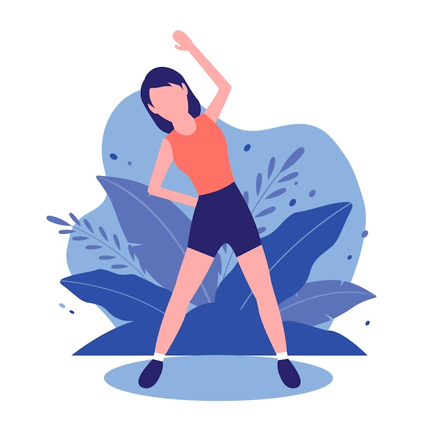 Vector girl doing morning exercising at home fitness workout exercise flat illustration