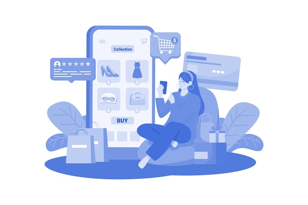 Vector girl doing online shopping by smartphone