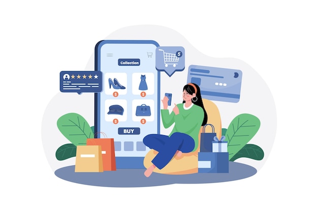 Vector girl doing online shopping by smartphone