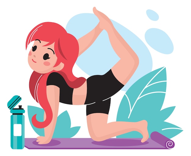 Ragazza che fa ginnastica yoga pilates su un tappetino yoga illustrazione carina con piante sullo sfondo