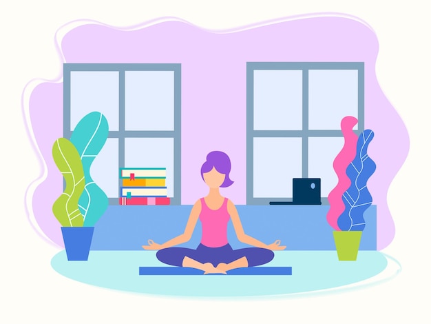 Girl doing yoga in lotus position at home between study and work  vector illustration