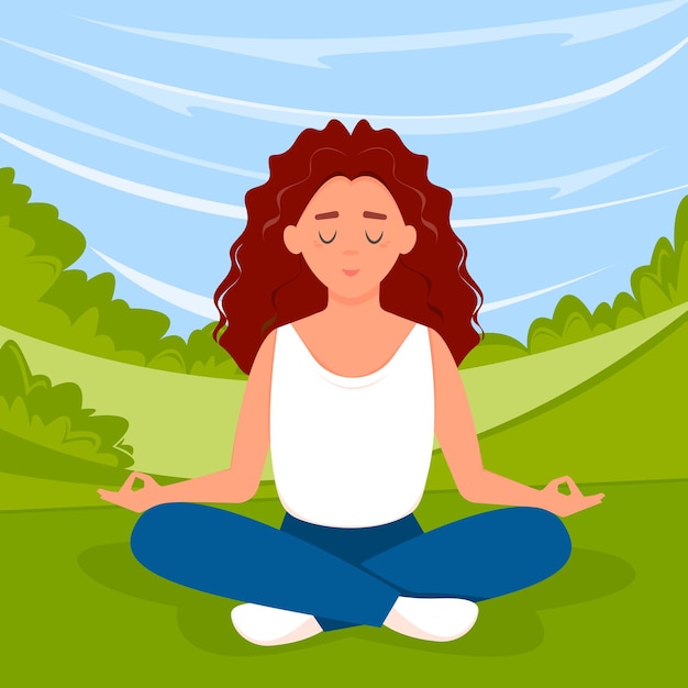 Girl doing yoga in park woman sitting in the lotus position vector illustration in flat style