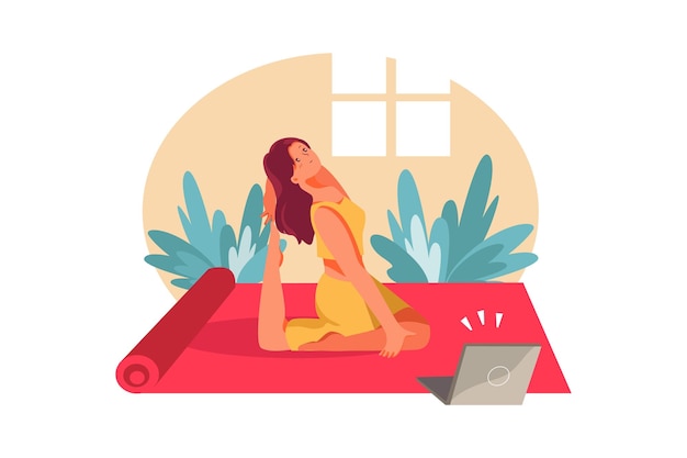 girl doing yoga pose at laptop
