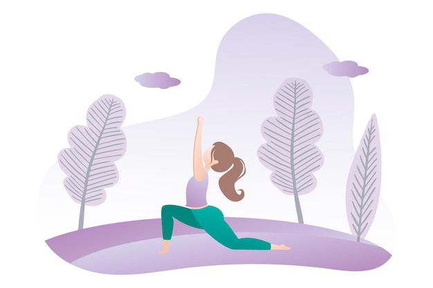 Girl doing yoga posehatha yoga in park vector illustration in trendy style