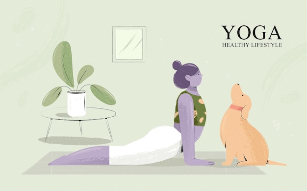 Vector girl doing yoga with dog at home