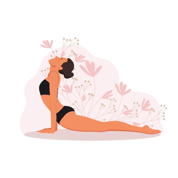 Ragazza che fa yoga yoga pongono personaggi femminili esercizi di meditazione illustrazione vettoriale