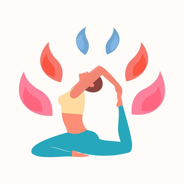 A girl in a dove pose practices yoga Beautiful multicolored vector flat illustration