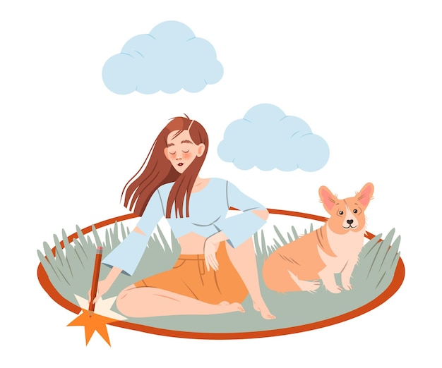 girl drawing boundary around herself and her dog social isolation unsocial lonely person cartoon vector illustration