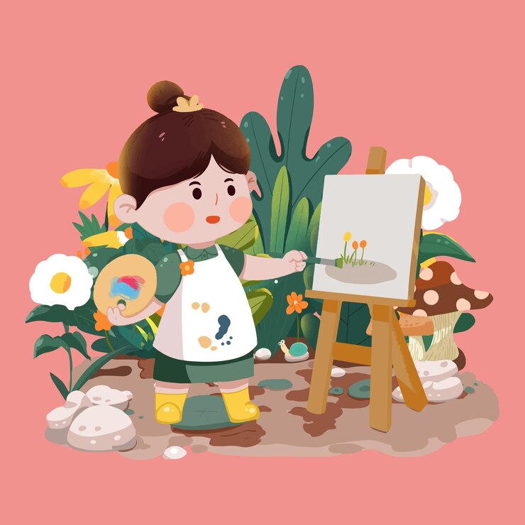 Vector 야외에서 스과 컬러 플레이트로 그림을 그리는 소녀
