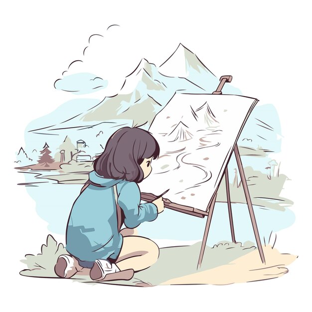 Vector girl draws on the easel in the mountains