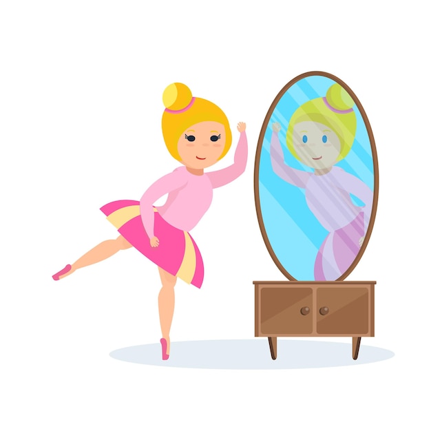 드레스를 입은 소녀는 거울을 보고 발레 댄서 자신을 선물합니다.