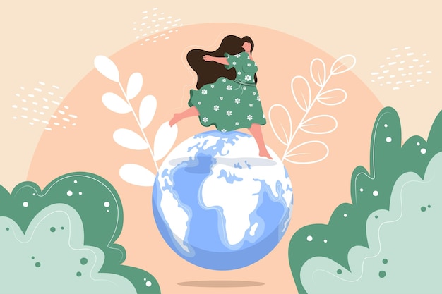 A girl in a dress runs around the planet, save the world. Vector illustration