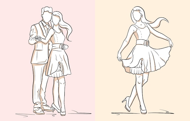 Vettore ragazza in un vestito e scarpe. un ragazzo in giacca e una ragazza in un vestito. moda. stile di linea. illustrazione vettoriale per design e decorazione.