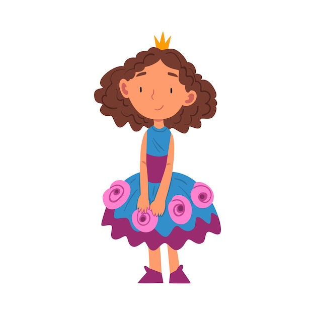 Vector girl dressed as princess cute kid playing dress up game cartoon vector illustration on white background