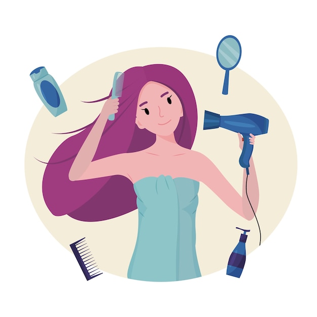 The girl dries her hair with a hair dryer the concept of cleanliness freshness and selfcare daily routine