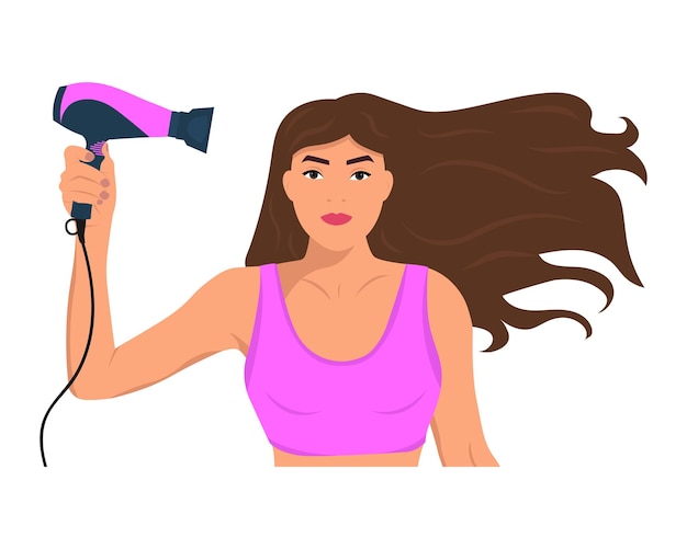 Vector the girl dries her hair with a hair dryer hair care