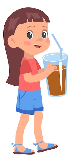 Девушка пьет газировку из пластикового стаканчика Счастливый мультяшный ребенок