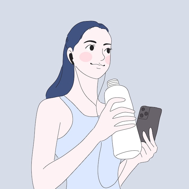 ベクトル 女の子は水を飲み、電話のイラストで音楽を聴く