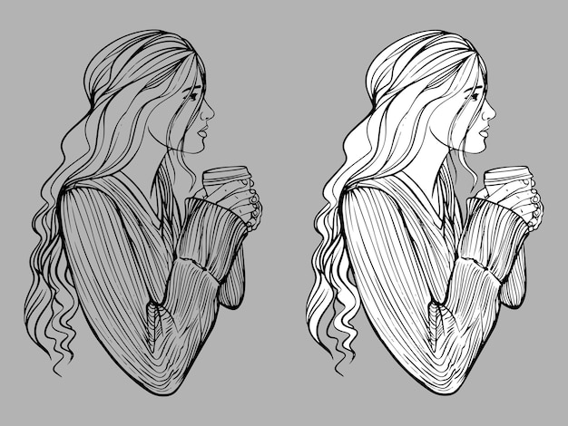 Girl drinking coffee. Vector black and white and drawing. Valentine's Day. For coloring books. Isola