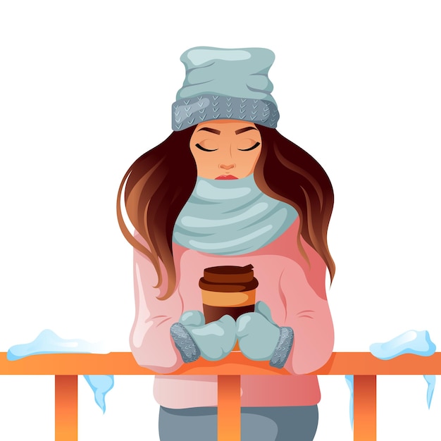 Ragazza che beve caffè in inverno