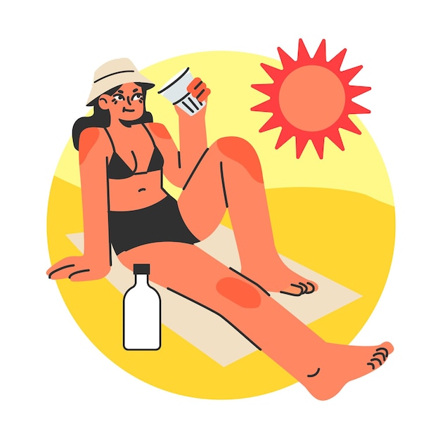 Vector girl drinking water at beach young female character wearing a bikini