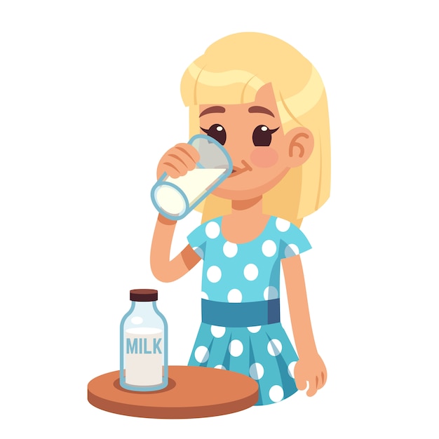 소녀는 우유를 마신다. 유리에 우유를 마시는 만화 행복 한 아이.