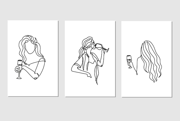Vector girl drinks wine or champagne from a glass linear silhouette of a woman with a glass goblet drawin
